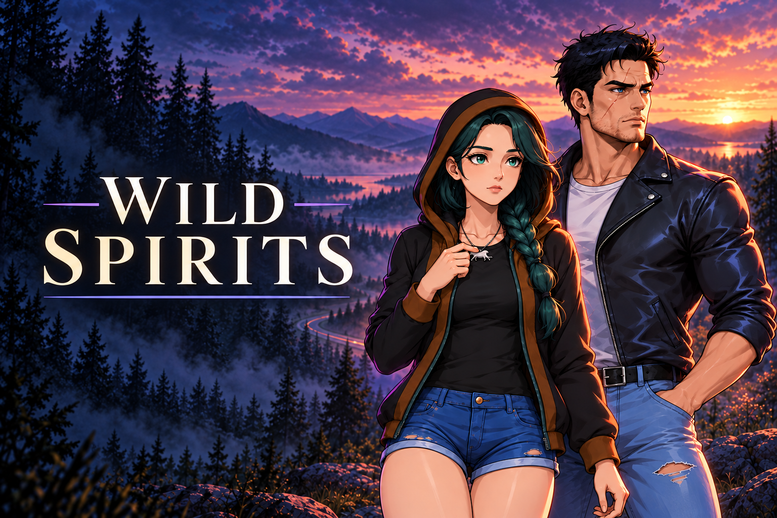 Wild Spirits cover: Kara holds her pendant beside Kumo against a forest at dusk